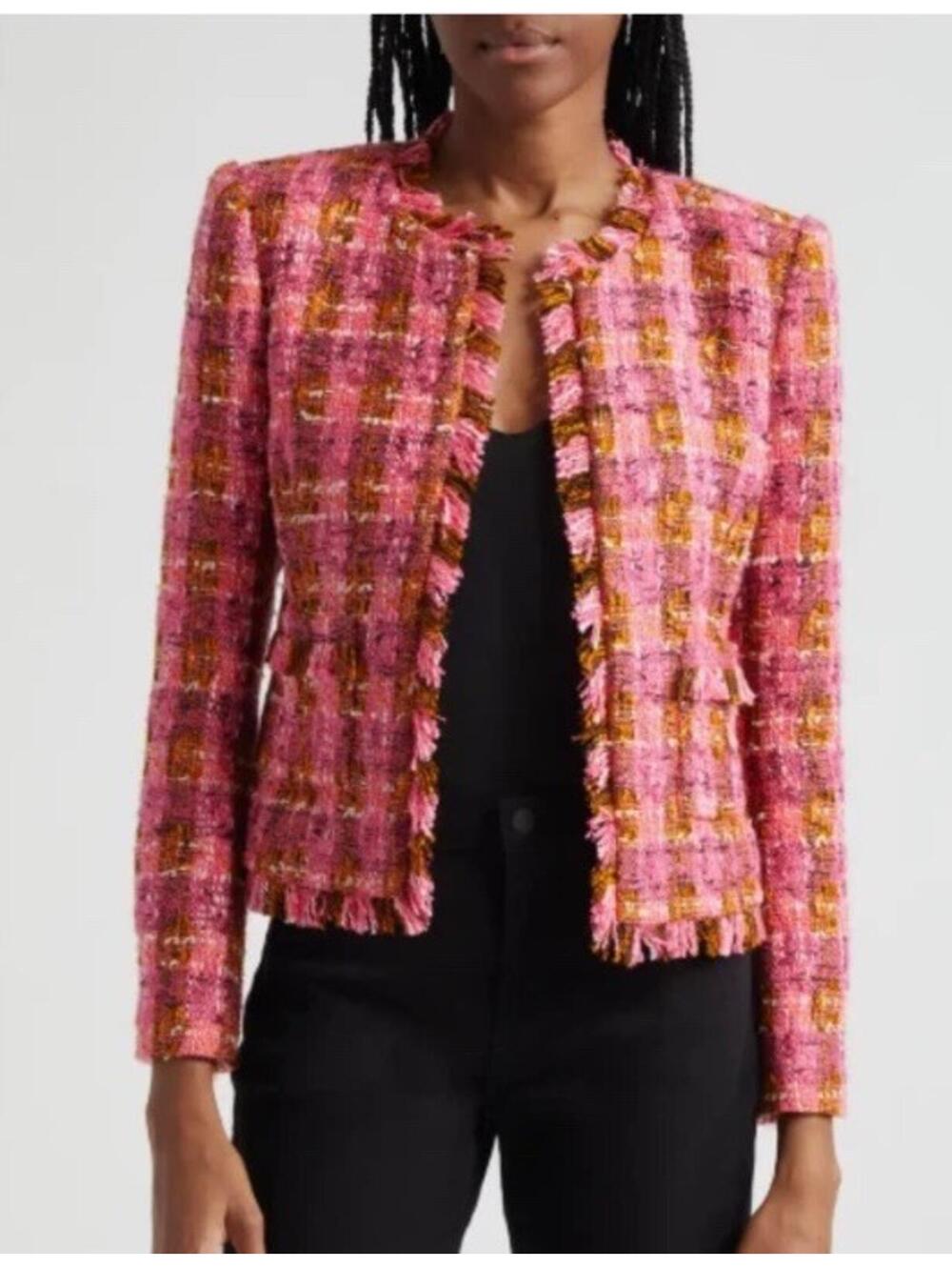 New L'Agence Angelina Tweed Jacket In Fuchsia Pink/Orange Sz 2 $695